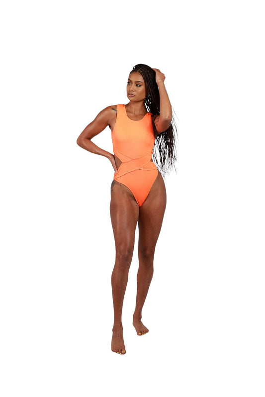 Orange Cris Cross Hallow Back One Piece